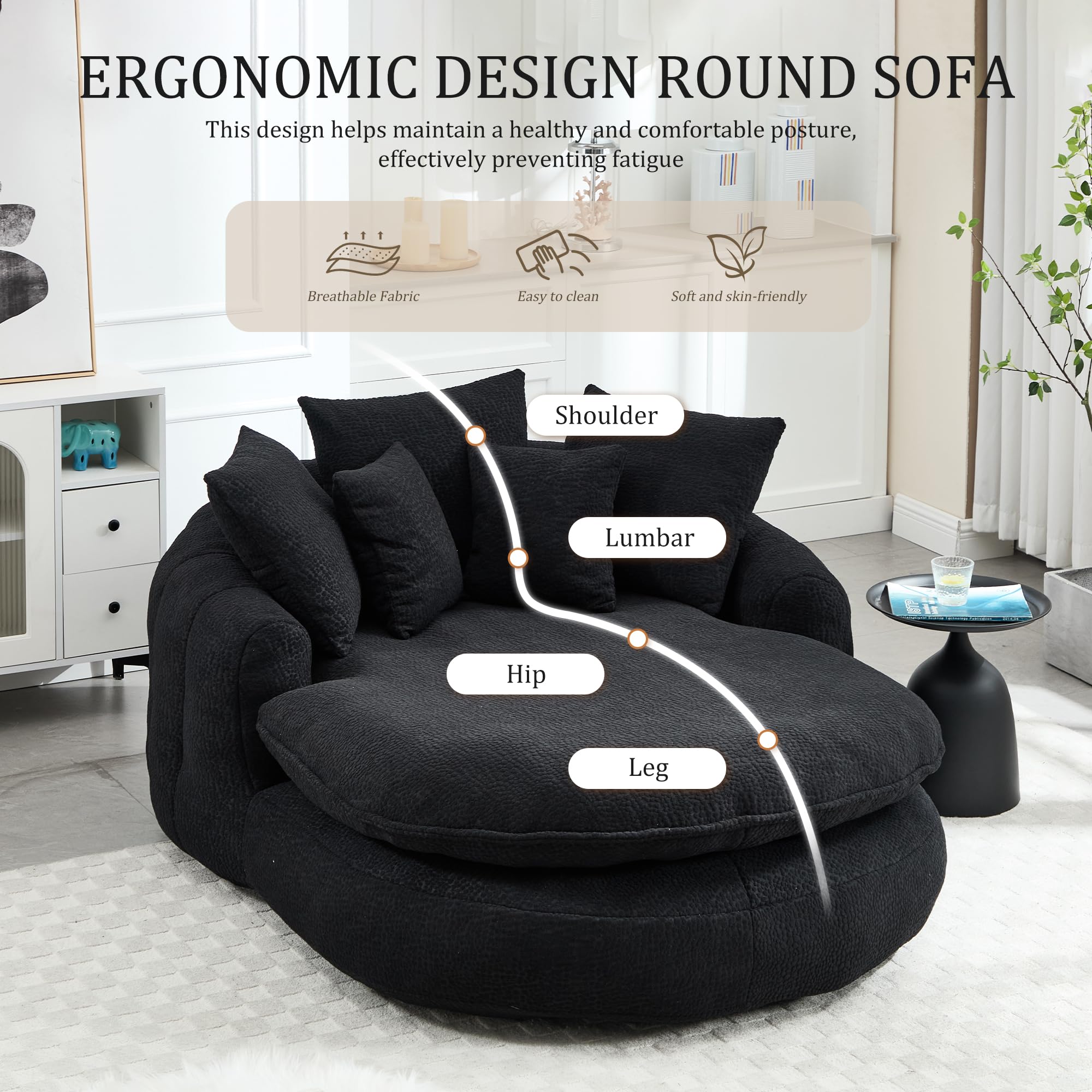 Oversized Oval Bean Bag Sofa, Chenille Fabric Floor Lounger with 5 Pillows and Wrap-Around Backrest for Adults, Large Lazy Sofa for Living Room and Game Room, Black