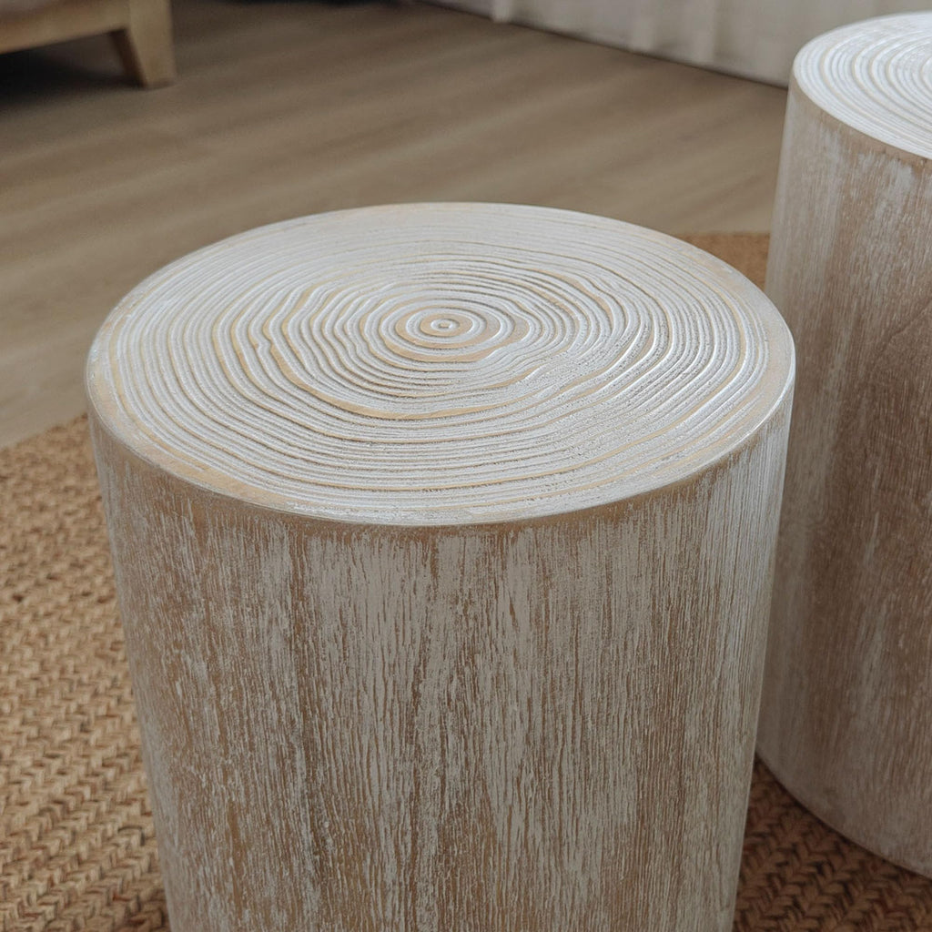KEIKI Round Coffee Table Set of 3, Modern Wood Nesting Coffee Table with Tree Rings Texture for Living Room, Antique White