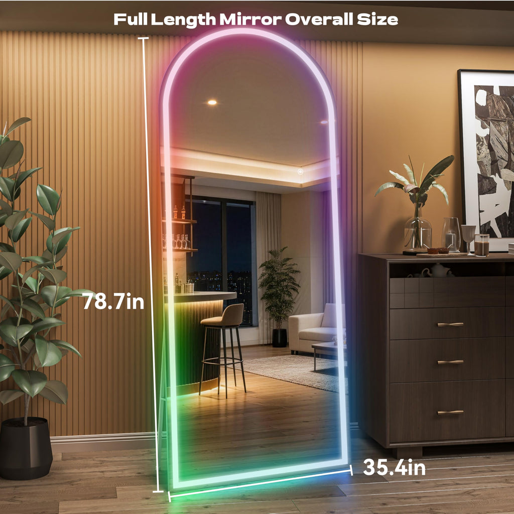 Hasipu Arch Full Length Mirror 79 x 36 in with Stand — Arch LED RGB Full Body Mirror, 7 Lighting Modes, Dimmable, Built‑in Bluetooth Speaker, White Frame for Bedroom Dressing Room