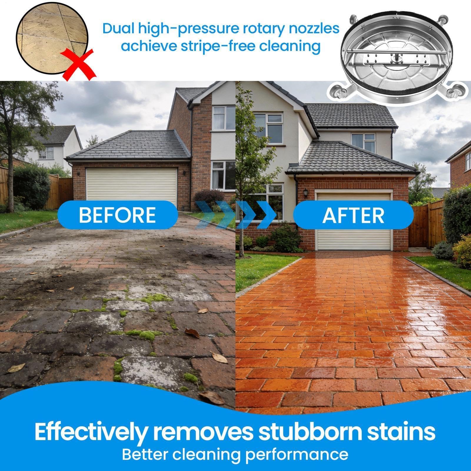 24''Pressure Washer Surfaces Cleaner, 4500PSI Stainless Steel Surfaces Cleaner Attachment with Wheels, Power Washer Accessory for Driveway Sidewalk Curb Deck Patio Cleaning, 3/8'' Quick-Connect