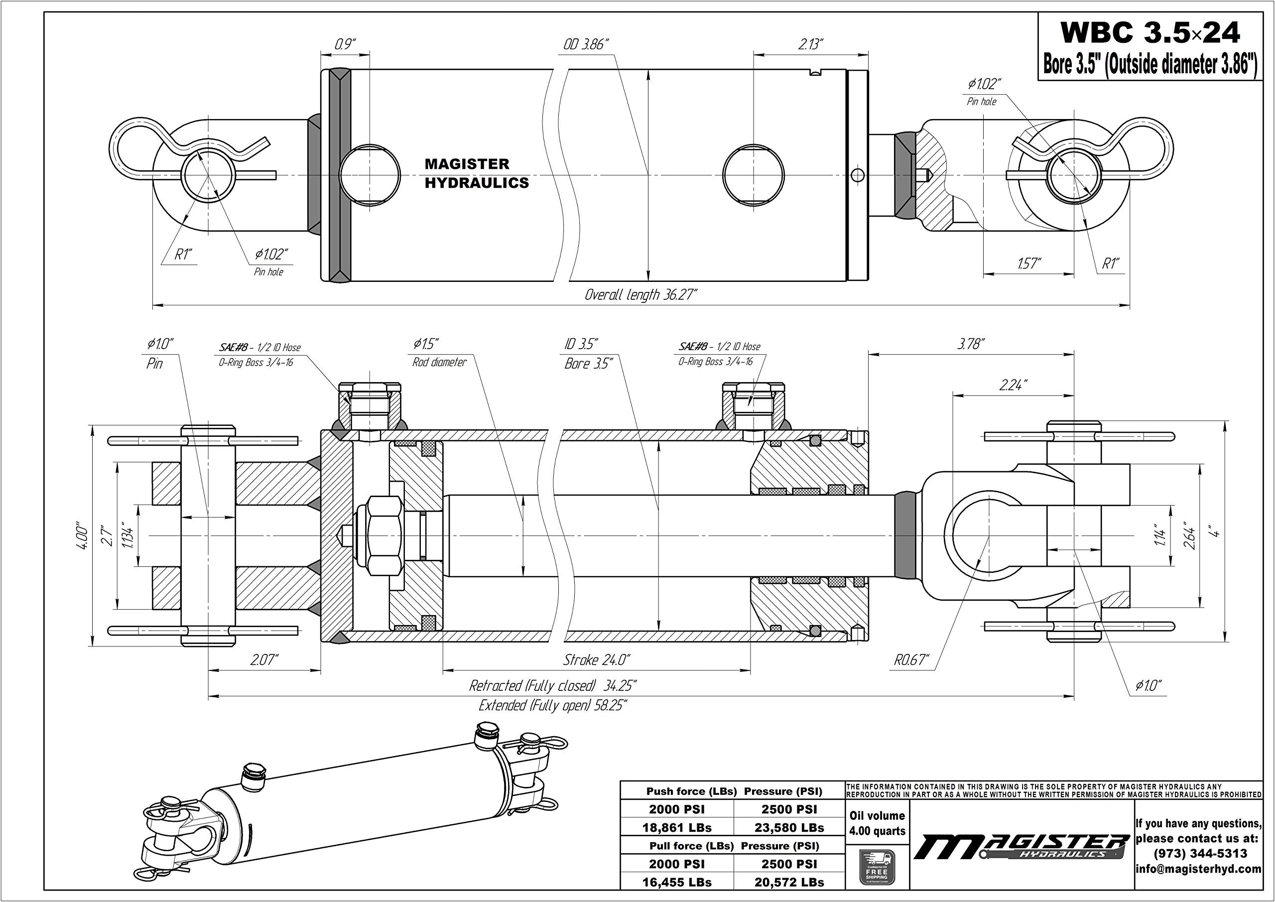 Magister Hydraulics Double Acting Hydraulic Cylinder - AG Clevis Hydraulic Cylinder 2500 PSI tie-Rod Alternative 3.5" bore 24" Stroke (3.5x24)