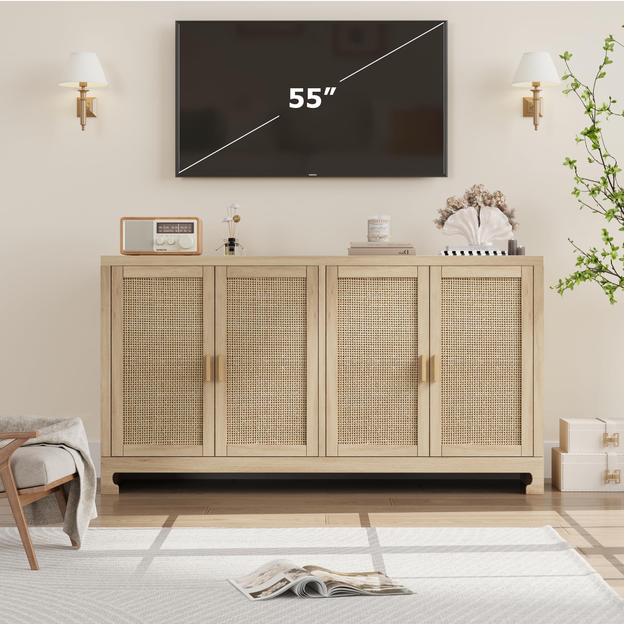 GarveeHome 60 in Farmhouse Rattan Buffet Cabinet - 4-Door Woven Storage Sideboard with Adjustable Shelves, Kitchen Console Table for Dining Room & Living Room Entryway (Oak Brown)