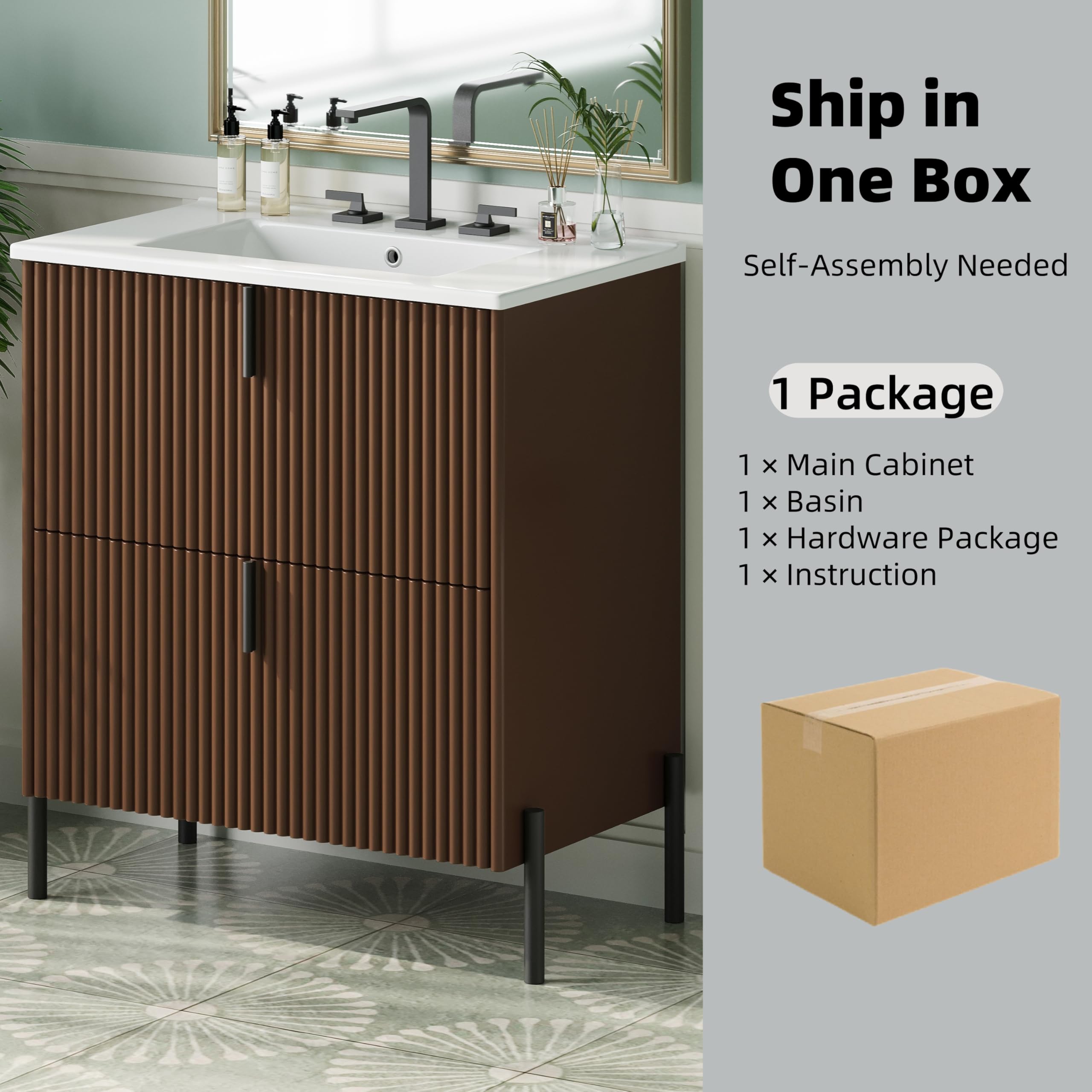 Merax 30" Freestanding Bathroom Vanity with Ceramic Sink, Equipped with Vertical Pulls, Full-Extension Drawers, Soft Close Drawer Slides, Fluted Design, Brown