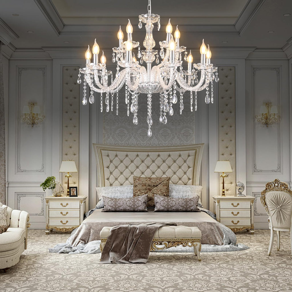 MALOSA Large Clear Crystal Chandeliers,30.7" Large Chandelier for Dining Room,Living Room,Bedroom,Hallway,High Ceilings Wedding Party 15 Lights