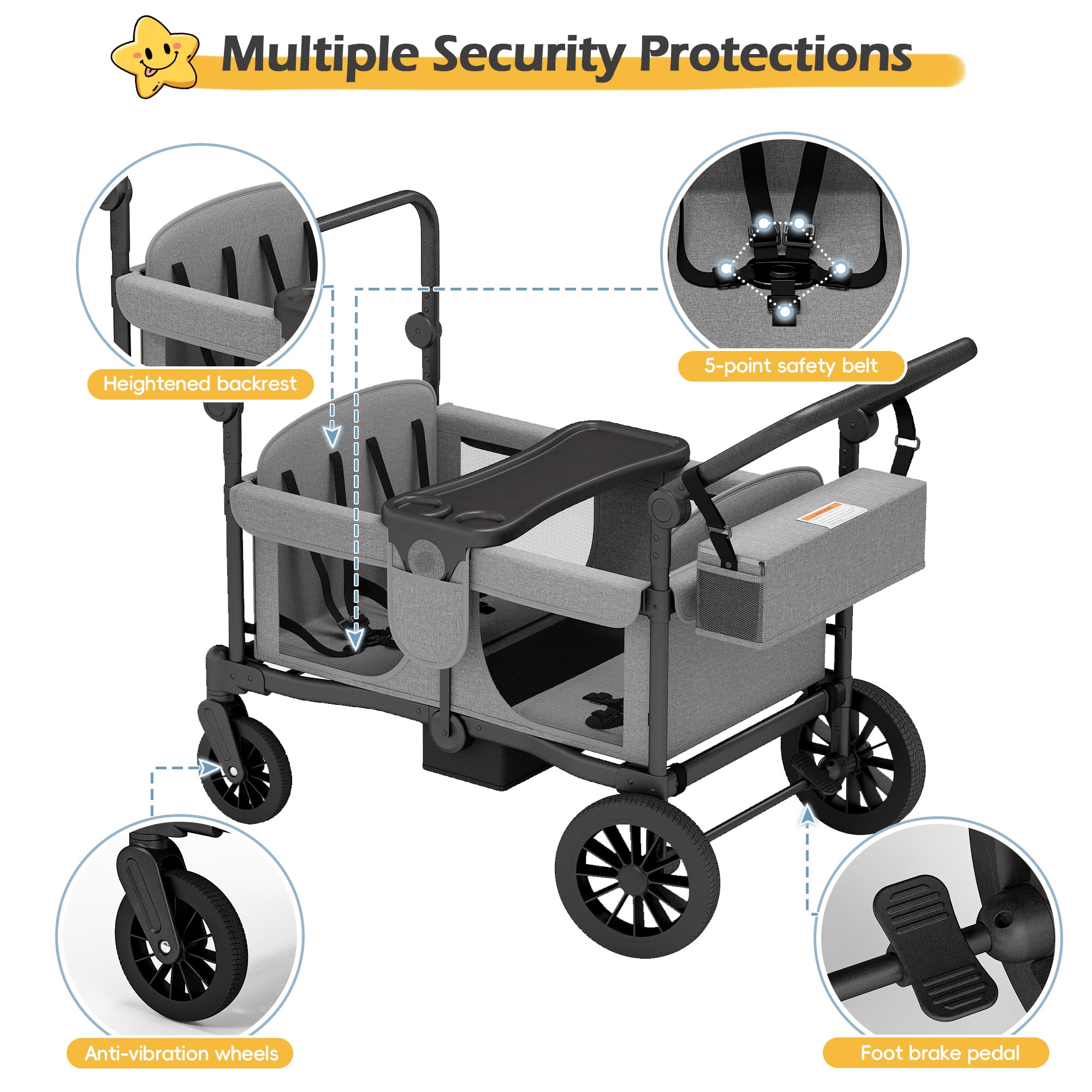 TOLEAD Wagon Stroller for 4 Kids, Foldable 4 Seats Outdoor Stroller Wagon with Canopy, Adjustable Handlebars, 5-Point Safety Harness, Detachable Tray, Portable Bag (Grey)