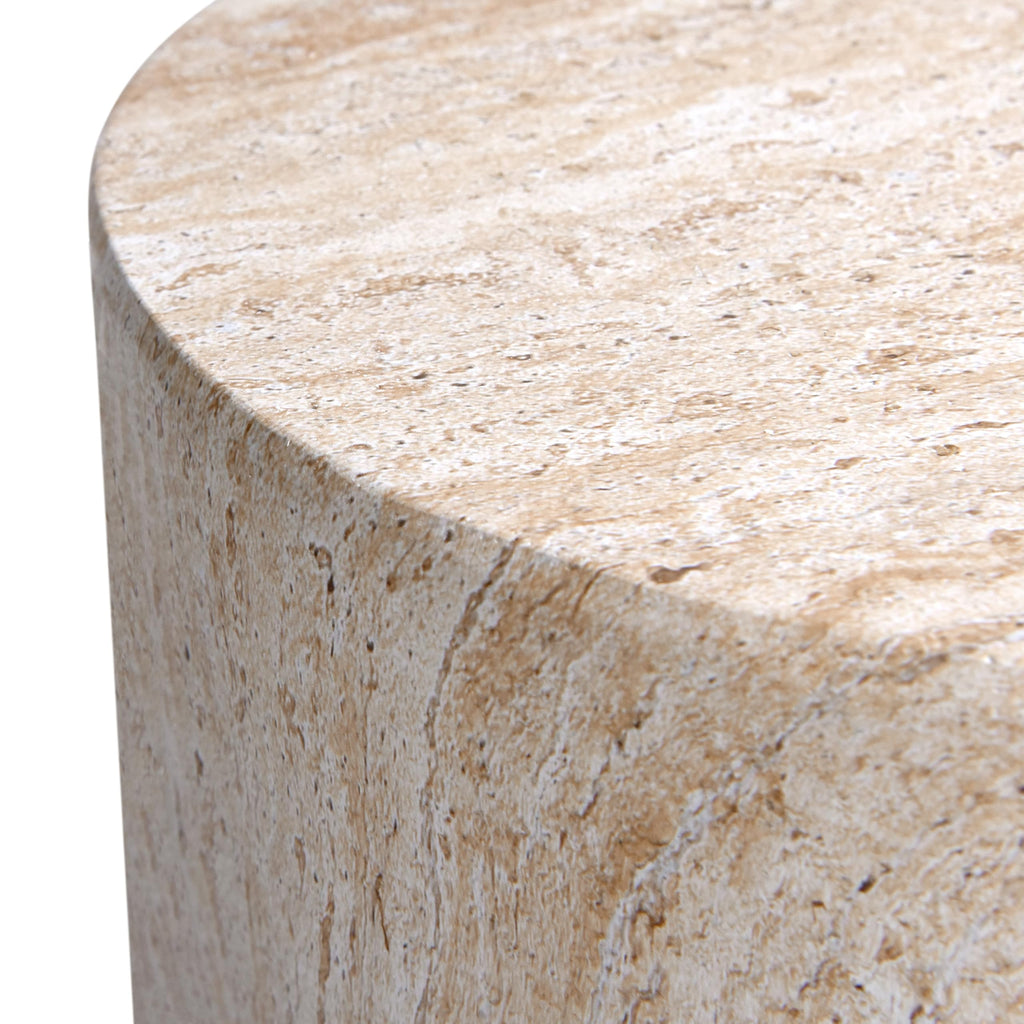 Empire Art Direct Cylinder Travertine Stone Finish Italian Design MgO Side Accent Table, Living Room, Bedroom & Office, 14.2"x14.2"x18.3"