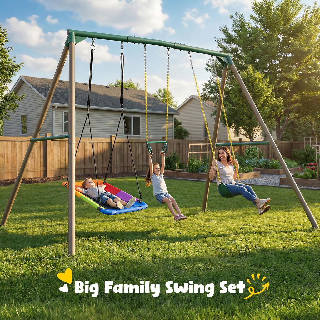 Hapfan 9.5' Tall Swing Sets for Backyard with Platform Swing, Heavy Duty Metal Swingset Outdoor for Kids with Trapeze Bar (Green and Brown)