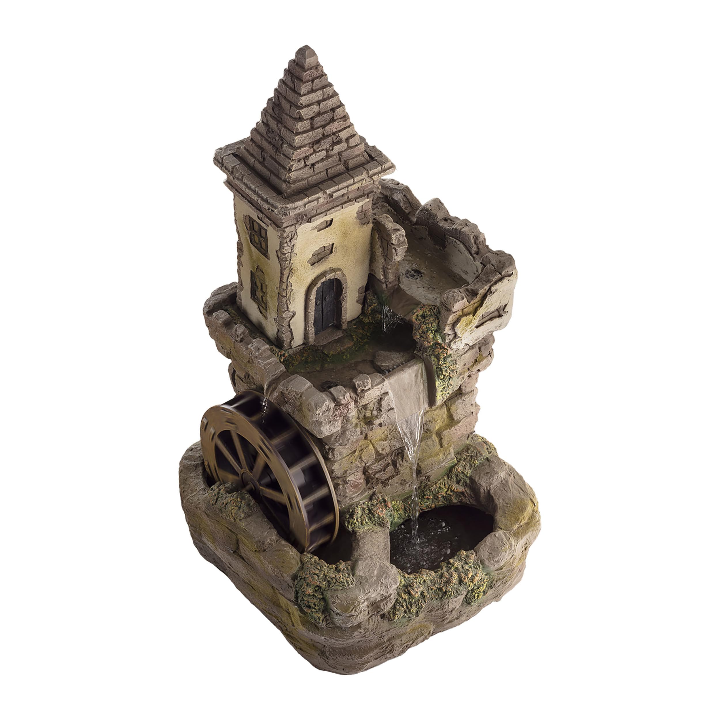Alpine Corporation USA1164 Outdoor Floor Tiered Fairy Castle Waterwheel Water Fountain with Realistic Stone Look, 35", Brown