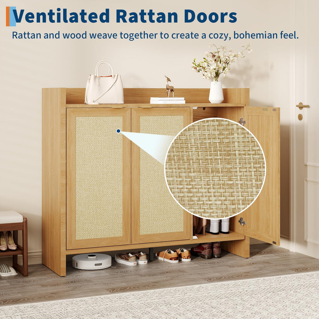 GarveeHome Rattan Shoe Storage Cabinet, Wooden Shoe Rack Organizer Cabinet with 3 Doors and Adjustable Shelves for Entryway Living Room Hallway, Dark Oak