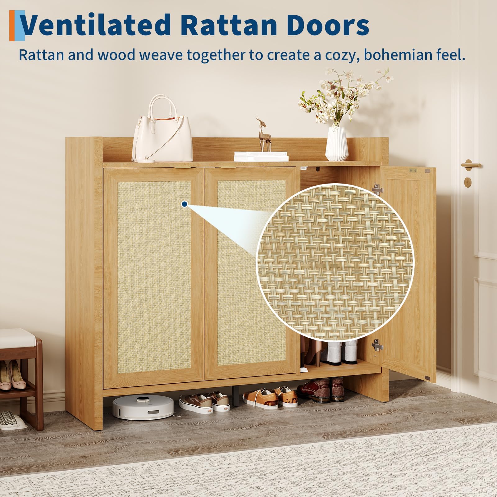 GarveeHome Rattan Shoe Storage Cabinet, Wooden Shoe Rack Organizer Cabinet with 3 Doors and Adjustable Shelves for Entryway Living Room Hallway, Dark Oak
