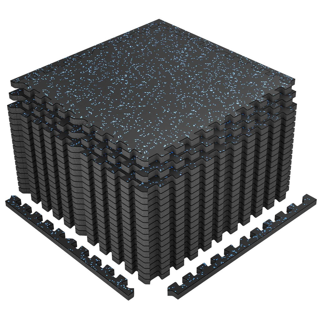 SUPERJARE 1" Extra-Thick Rubber Top Exercise Mat, Puzzle Gym Flooring for Home Gym, Gym Mat for Workout Equipment, Interlocking Floor Tiles with EVA Foam, 18 Pcs 72 Sq Ft, Black/Blue
