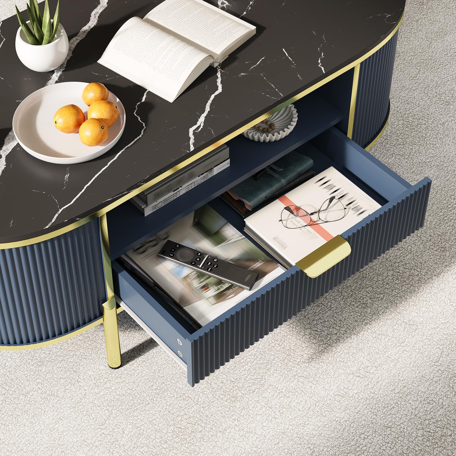 Takywep 48 inch Oval Coffee Table with Drawer, Fluted Modern Faux Marble Top Coffee Table for Living Room, Gold Metal Legs, Center Table for Lounge, Navy Blue
