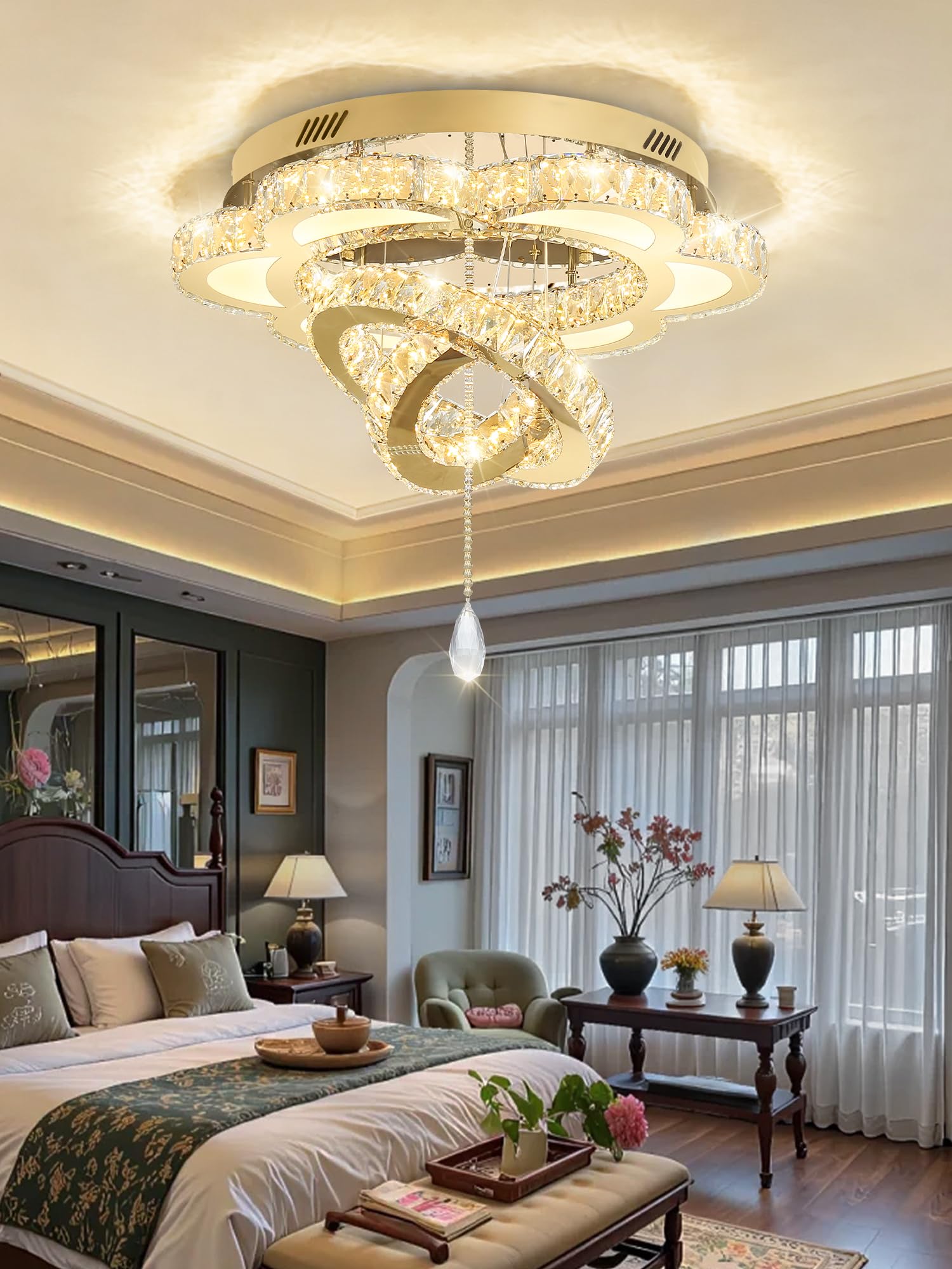 ykolupty W24 Modern Crystal Gold Chandelier for Living Room Dining Room,Bedroom, Entrance Ceiling Light Lamparas de techo LED Dimmable 2700K-6000K