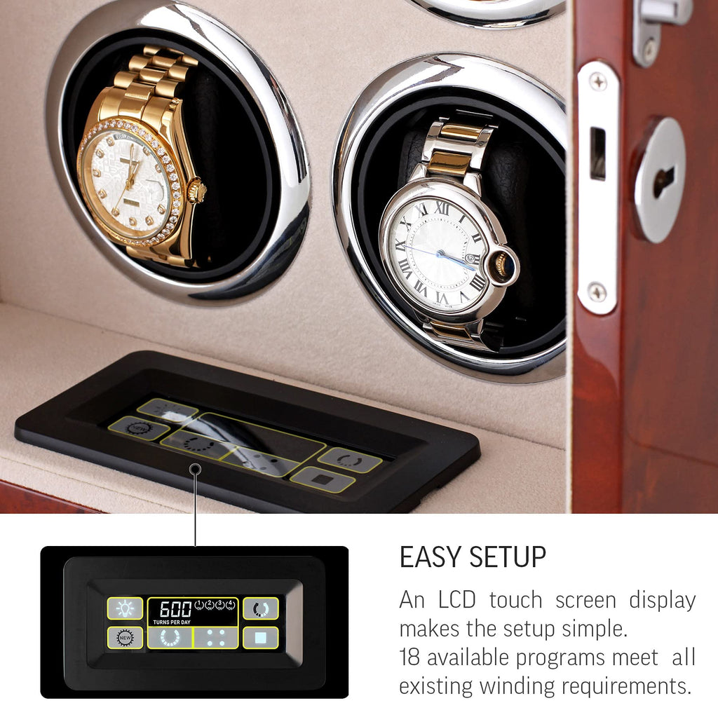 Watch Winder for 4 Watches with LED Backlight, LCD Display and Motor-Stop Option (Dark Burl)