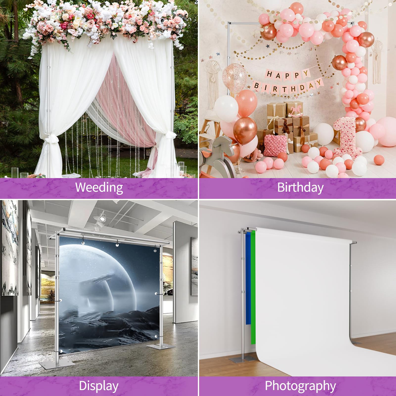 10x10 Triple Crossbar Pipe and Drape Stand Kit, Heavy Duty Backdrop Stand Adjustable, Sturdy Metal Back Drop Decoration Frame with Flat Base for Parties, Flower Wall, Wedding,Trade Shows, Photo Shoot