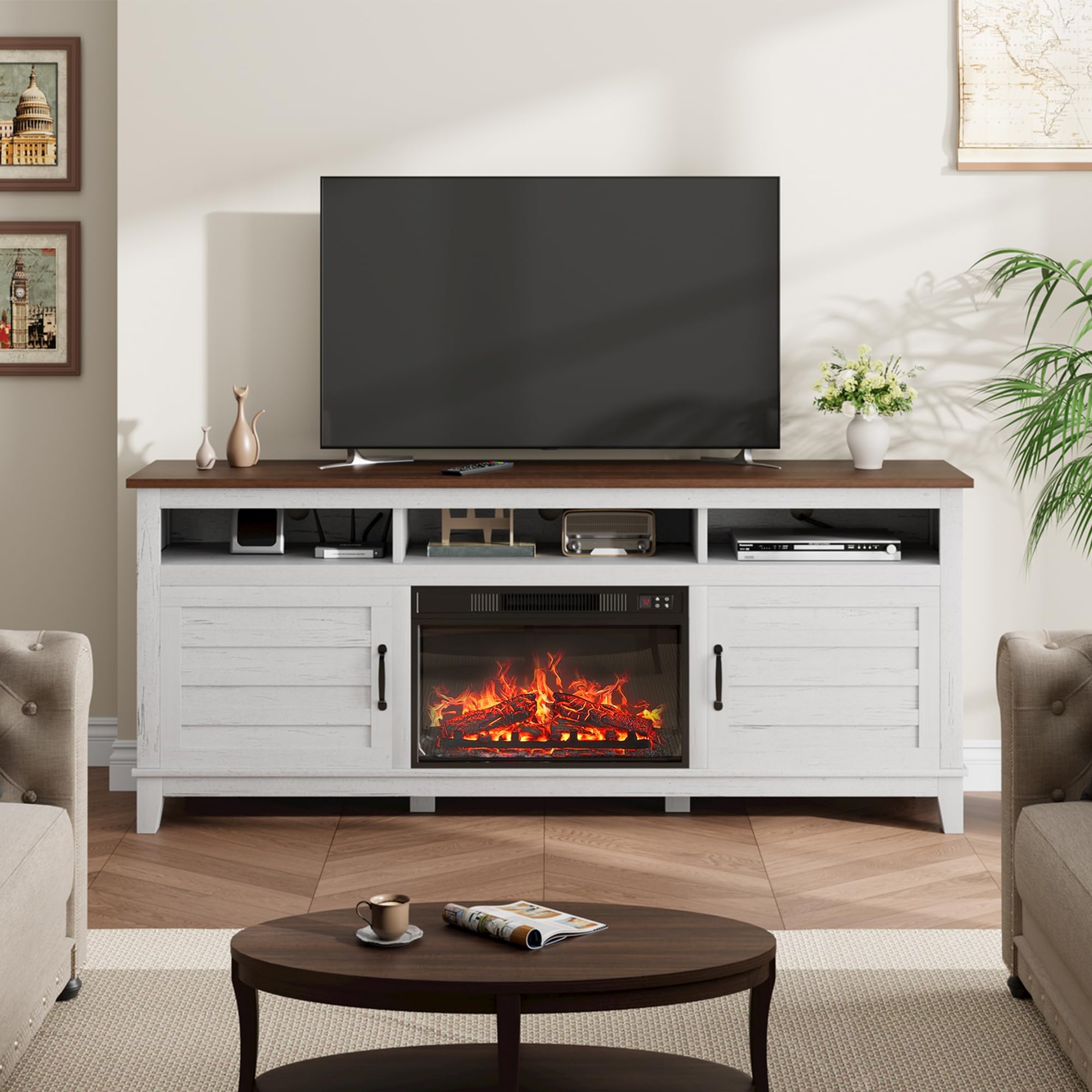 GarveeHome TV Stand with Electric Fireplace, Fireplace Entertainment Center, Farmhouse TV Stand with Cabinet Doors,for Living Room, Bedroom