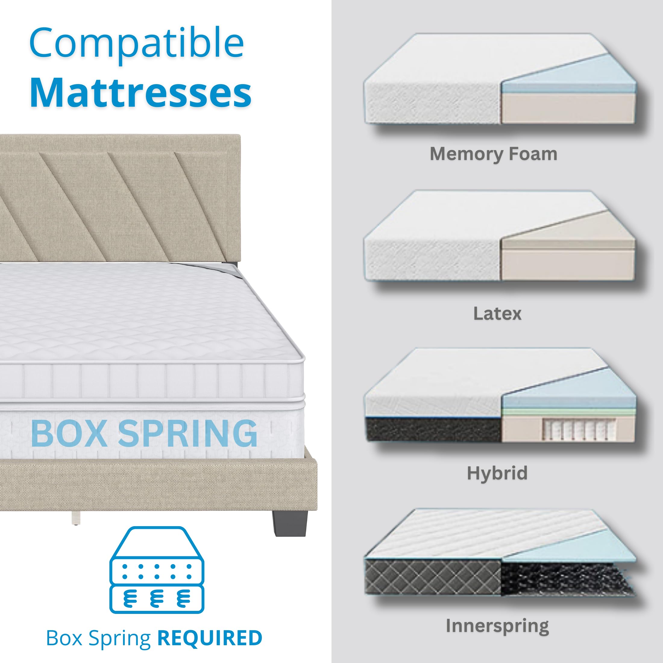 Boyd Sleep Diagonal King Size, White Linen Upholstered Platform Bed with Adjustable Headboard - Qualified Box Spring or Foundation Required for Use