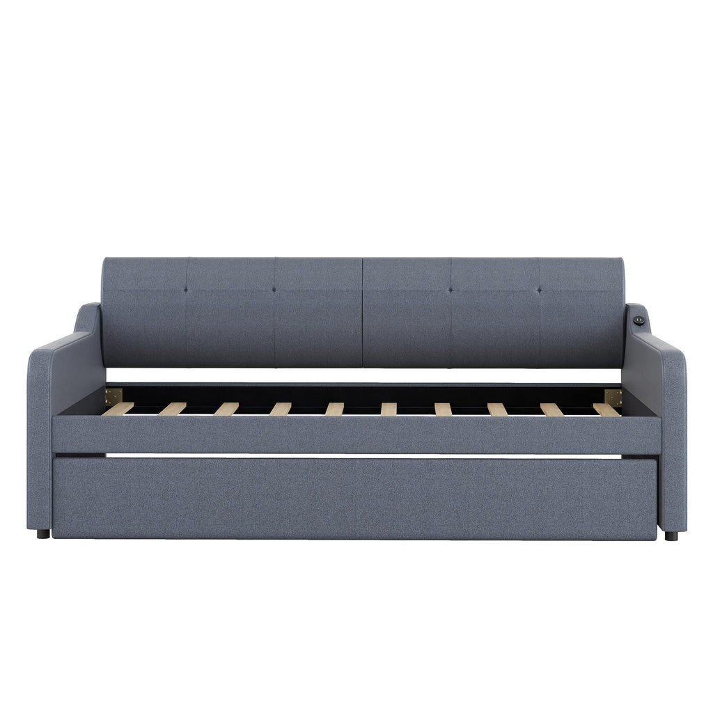 GDFStudio Twin Size Upholstered Daybed with Trundle and USB Charging Port, Pop-Up Trundle Flat or Elevated, Woven Fabric Day Bed Frame with Backrest and Armrests, Gray