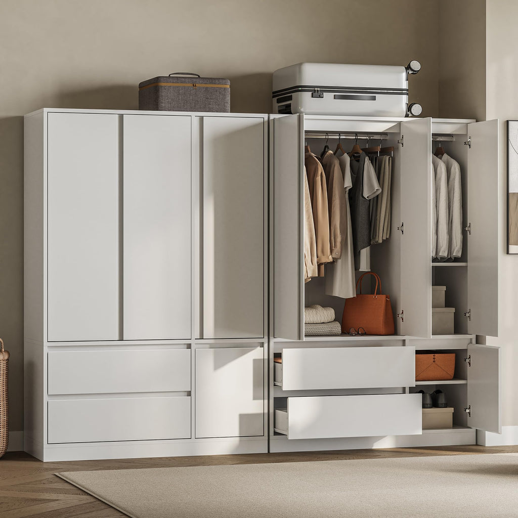IRONCK 47.2" Armoire Wardrobe Closet with Drawers, White Armoire with Hanging Rods & DIY Adjustable Shelves, Modern Wardrobe with Soft-Close Hinges, Freestanding Closet for Bedroom