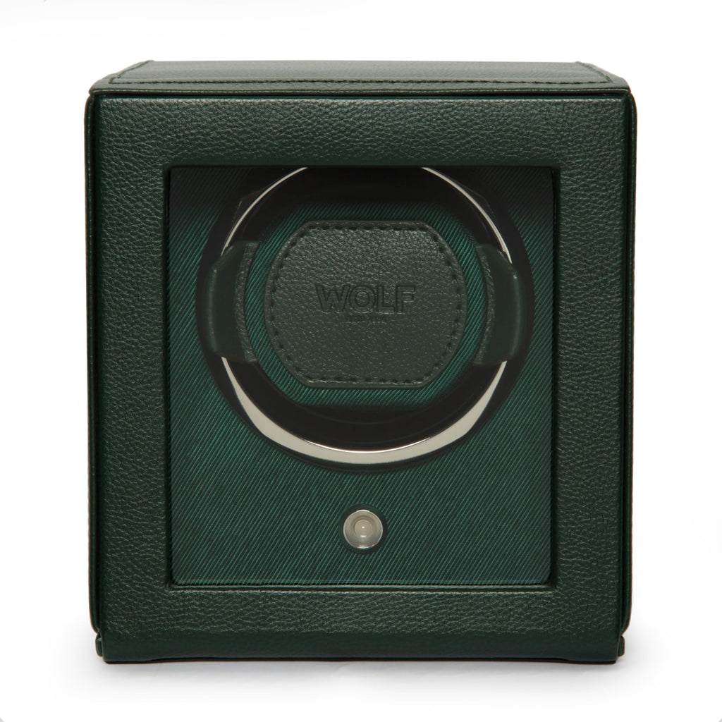 Wolf Cub Single Watch Winder with Glass Cover, Green - Secure Fit with Patented Lock-in Dynamic Cuff - Accommodates All Wrist Sizes - Vegan Leather - Includes Universal Adapter