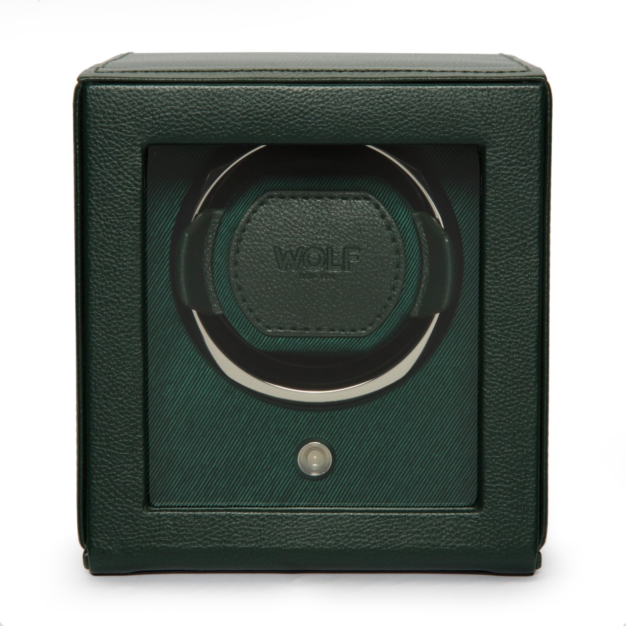 Wolf Cub Single Watch Winder with Glass Cover, Green - Secure Fit with Patented Lock-in Dynamic Cuff - Accommodates All Wrist Sizes - Vegan Leather - Includes Universal Adapter