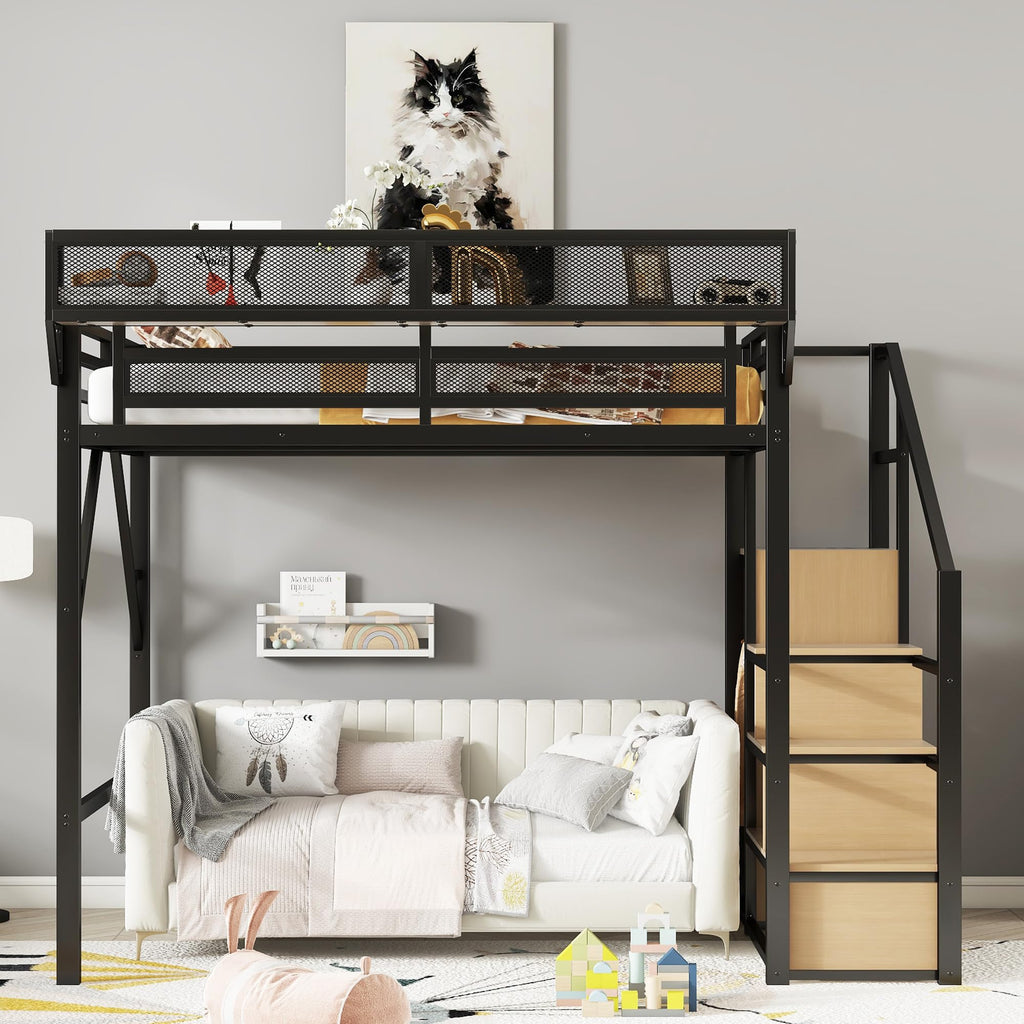 DNYN Full Size Loft Bed with Storage Shelves & Wardrobe & Staircase Design for Kids/Adults Bedroom,Sturdy Metal High Bedframe w/Safety Guardrails,Super Save Space & No Box Spring Needed, Black