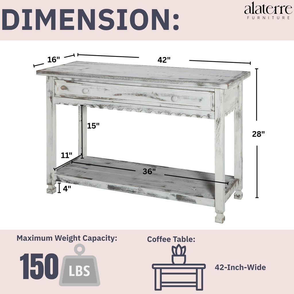 Alaterre Furniture Rustic Country Cottage Console Table with 1 Drawer & 1 Shelf, Distressed Finish - Perfect for Living Room, Entryway, Hallway