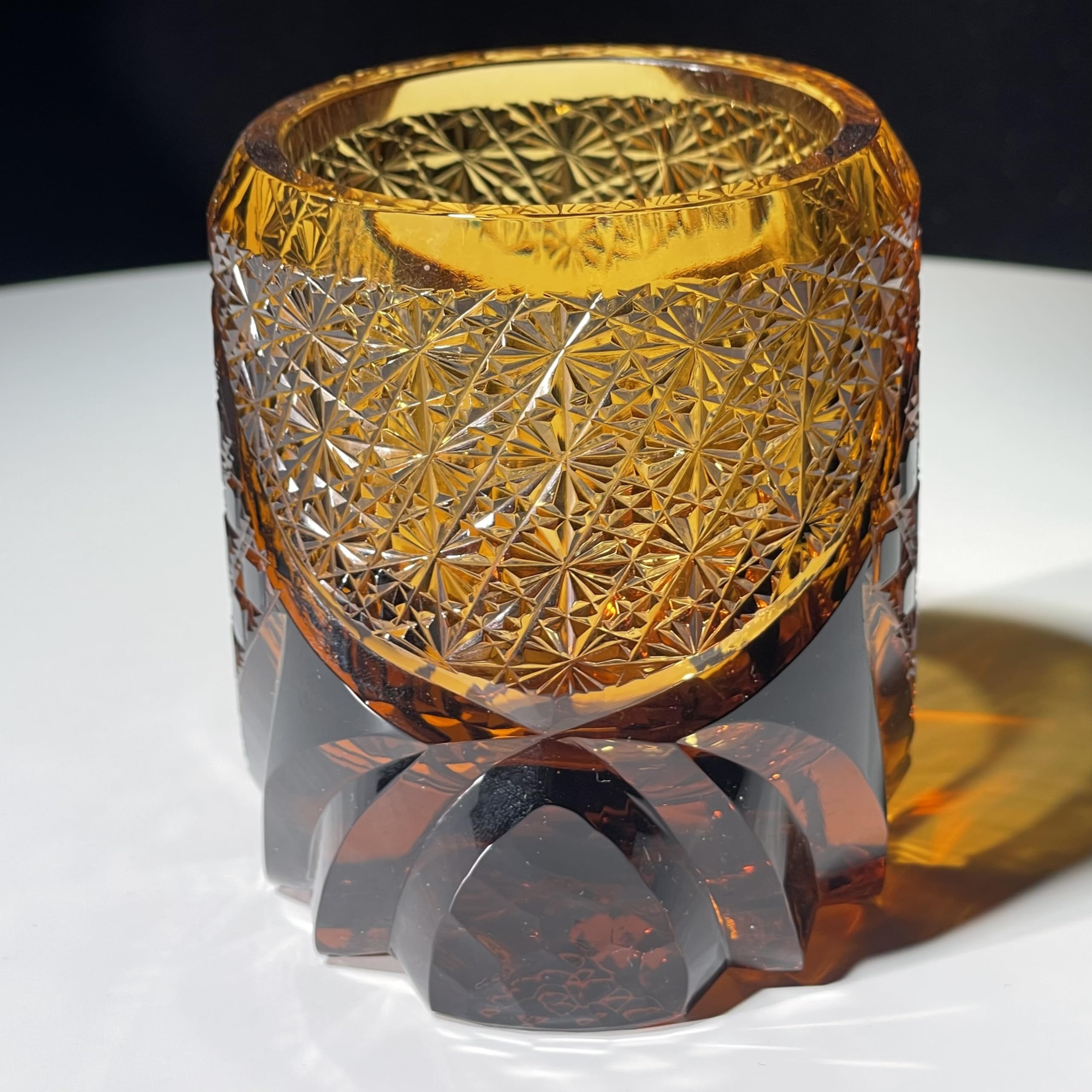 KazeoKoi Kazeako Crystal Whiskey Glasses, Amber Japanese Edo Kiriko Hand Cut Crystal, Vintage Textured Design, Bourbon Cocktail Tumbler, 2 Pack with Gift Box and Coasters (amber)