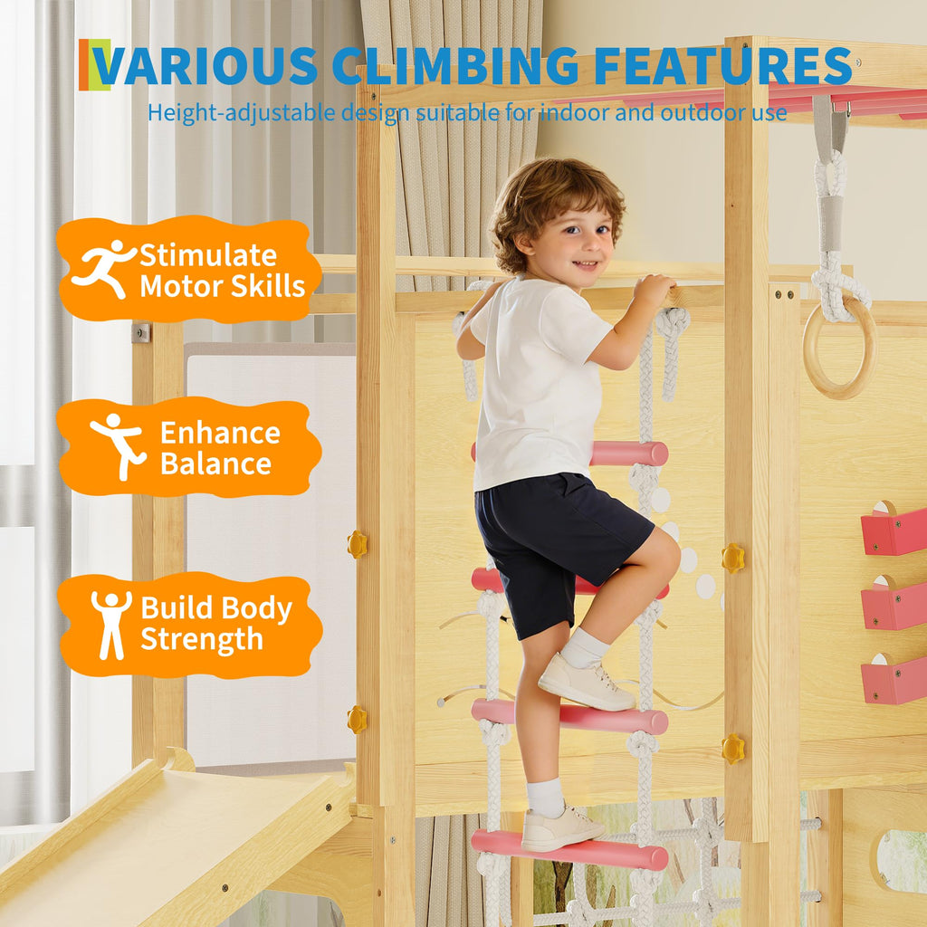 Garvee 9-in-1 Indoor Jungle Gym, Montessori Wooden Indoor Playground for Kids 2-8, Wooden Climbing Structure with Slide, Monkey Bars, Rope Ladder, Rock Wall, Climbing Net, Rings - Natural Wood Pink
