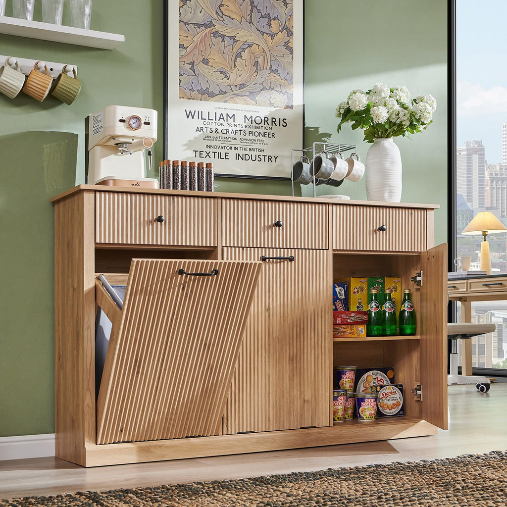 IFGET Triple Tilt Out Trash Can Cabinet, Modern Fluted Laundry Hamper Cabinet with 3 Drawers, 20 Gallon Hidden Wooden Garbage Can Cabinet w/Storage Basket & Adjustable Shelf, for Kitchen, Natural Oak