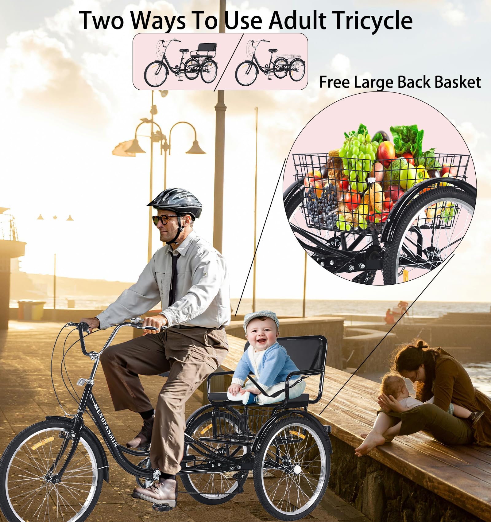 VHCLYBJU Adult Tricycle Foldable with Child seat 3 Wheel Bicycle for Ladies Tricycle with Basket with Back seat 20/24in Bikes Maximum Load 550lbs Shock Absorbing Fork Adult-Unisex (24in-7speed-black)