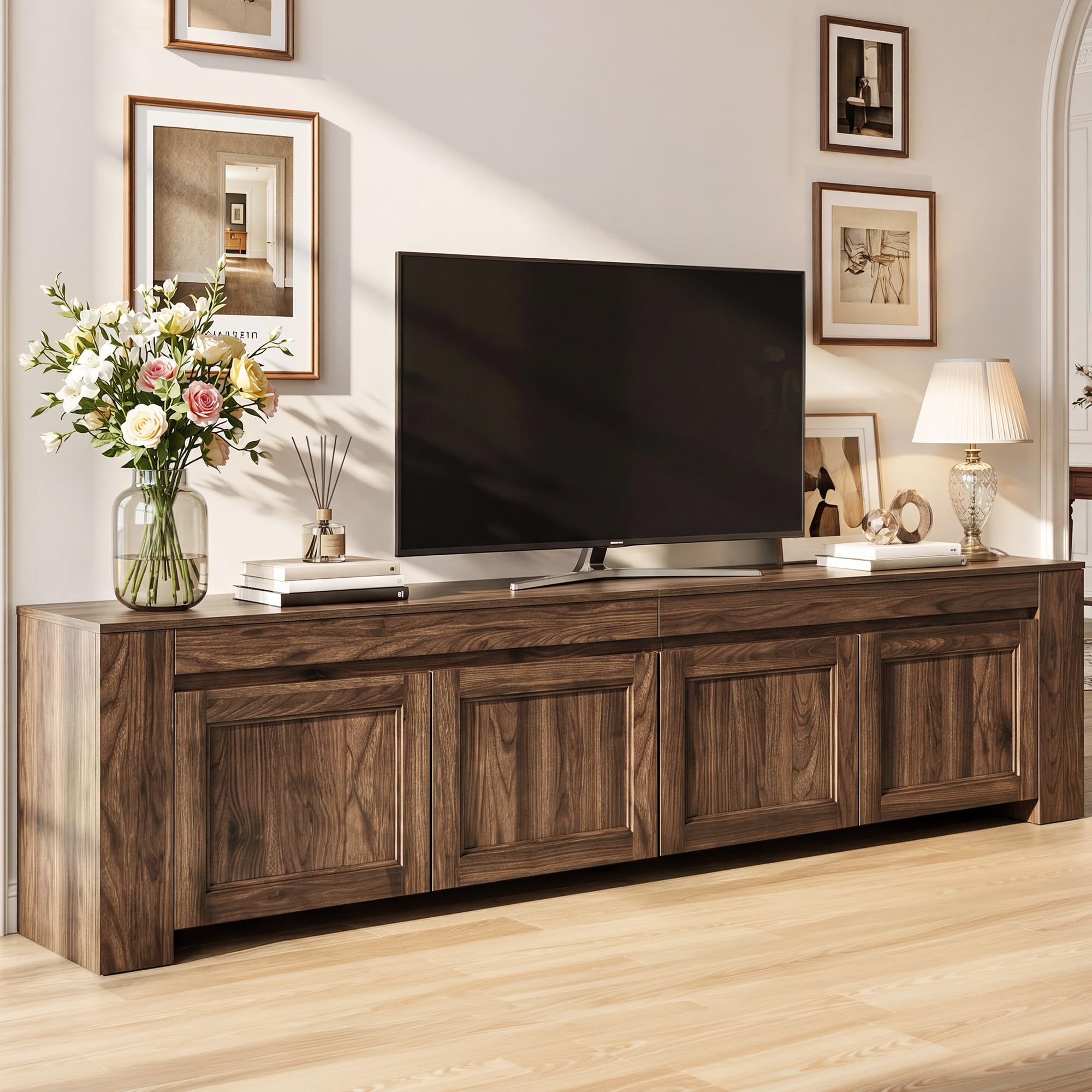 YITAHOME 80 inch TV Stand for up to 90 inch TVs, Farmhouse Entertainment Center with Storage Doors and Shelves, Media Console Table with Cable Holes for Living Room, Dark Walnut