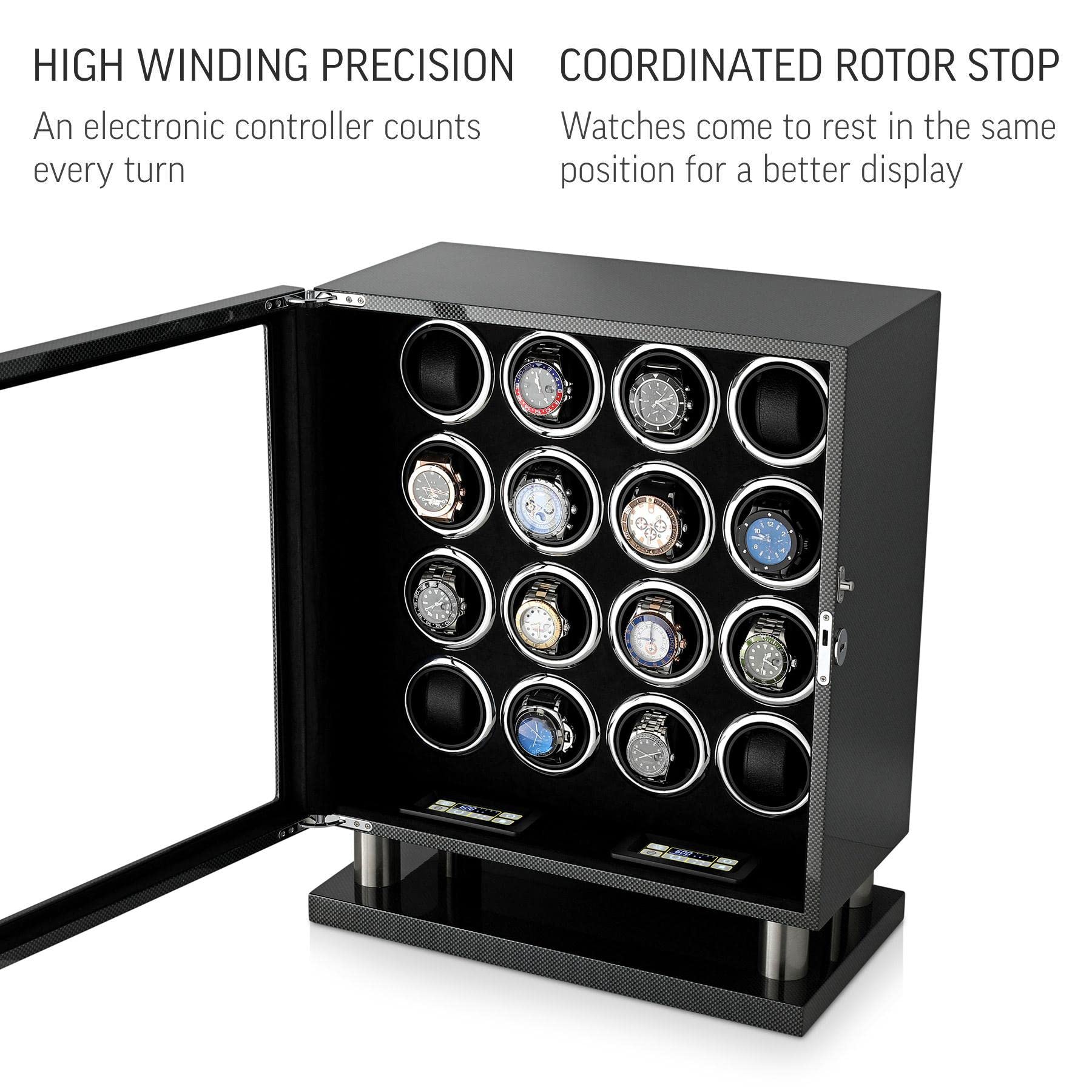 16 Watch Winder for Automatic Watches with LED Light and Coordinated Rotor Stop (Carbon)