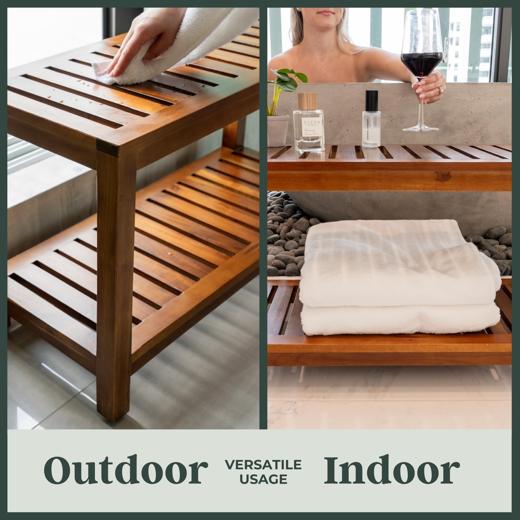 The Teaky Hut Teak Shower Bench 30 Inch – Fully Assembled Wooden Bench with Shelf, Water-Resistant, Non-Slip Adjustable Feet – Indoor Spa, Garden, or Bathroom Use