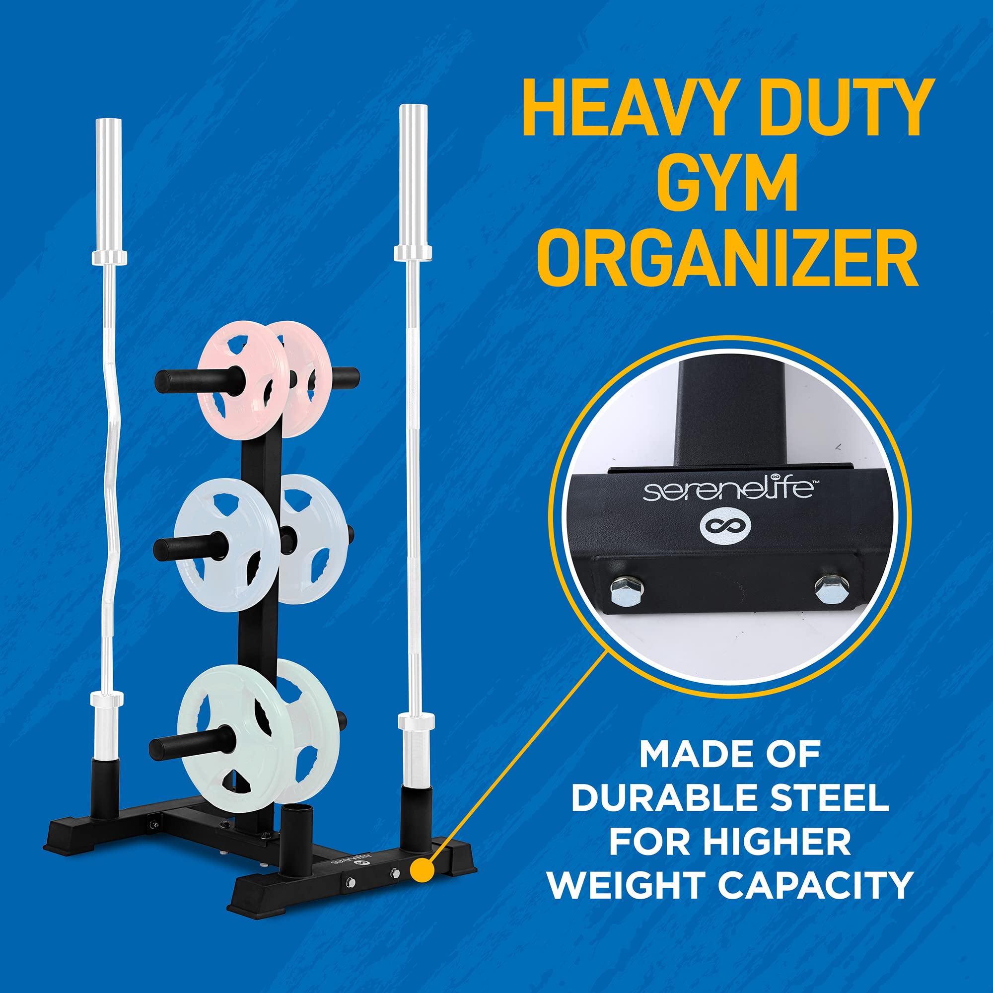 SereneLife 6-Pegs Olympic Weight Plate Rack & 4 Barbells - 800 Pounds Capacity, Heavy Duty Gym Organizer, Scratch Resistant Frame, Powder-Coat Finish, Easy to Assemble, Compact & Space-Saving