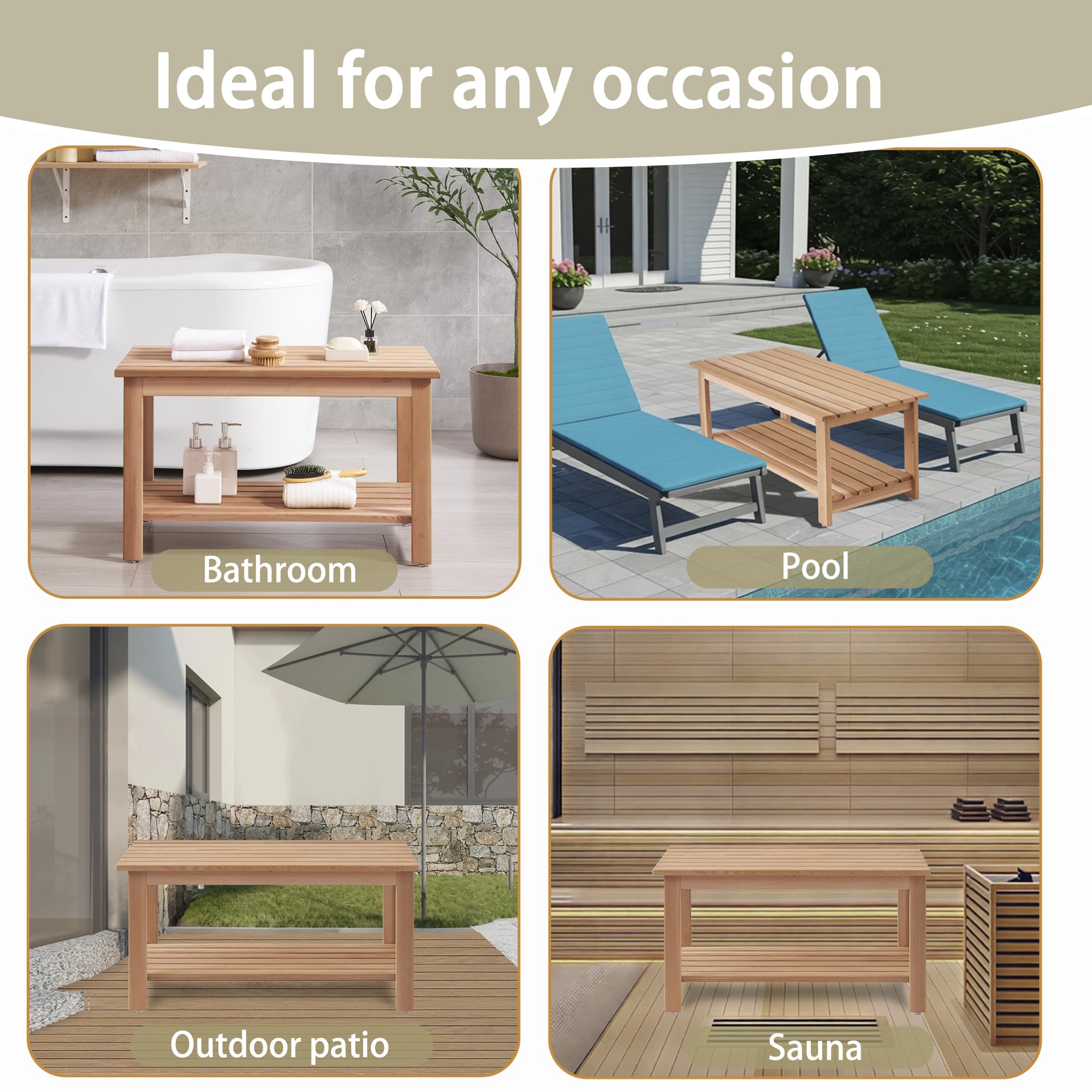 bingaai Western Red Cedar Sauna & Shower Bench 31.5" Fully Assembled – Strong, Durable, Soft-Touch, Insulating Cedar Wood Bench for Bathroom, Sauna, Indoor & Outdoor Use
