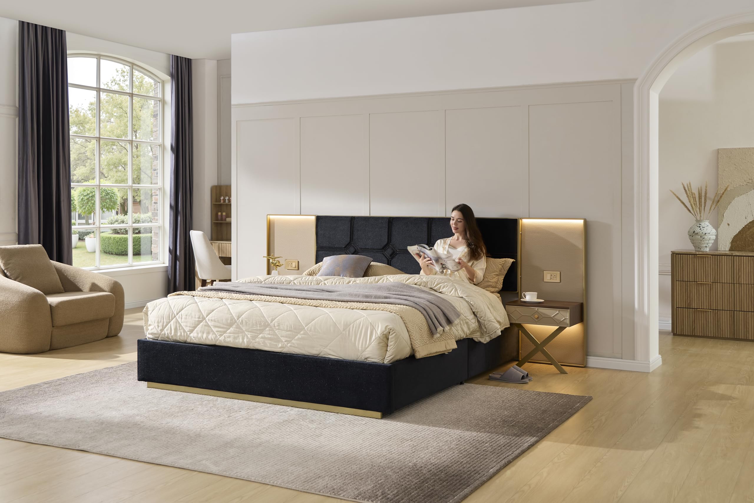 GDFStudio King Size Velvet Platform Bed Frame with LED Wall Lights & Floating Nightstands, Upholstered Headboard with Metal & Wood Frame, No Box Spring Needed, Easy Assembly, Black