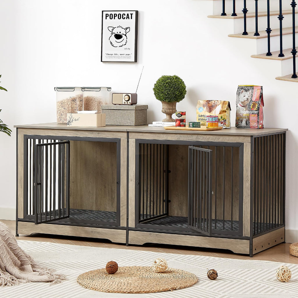 Rovibek 75'' Double Dog Crate Furniture for 2 Large Dogs, Heavy Duty Furniture Style Dog Crates End Table, Wood Crates for Dogs Kennel Indoor with Double Door, Grey