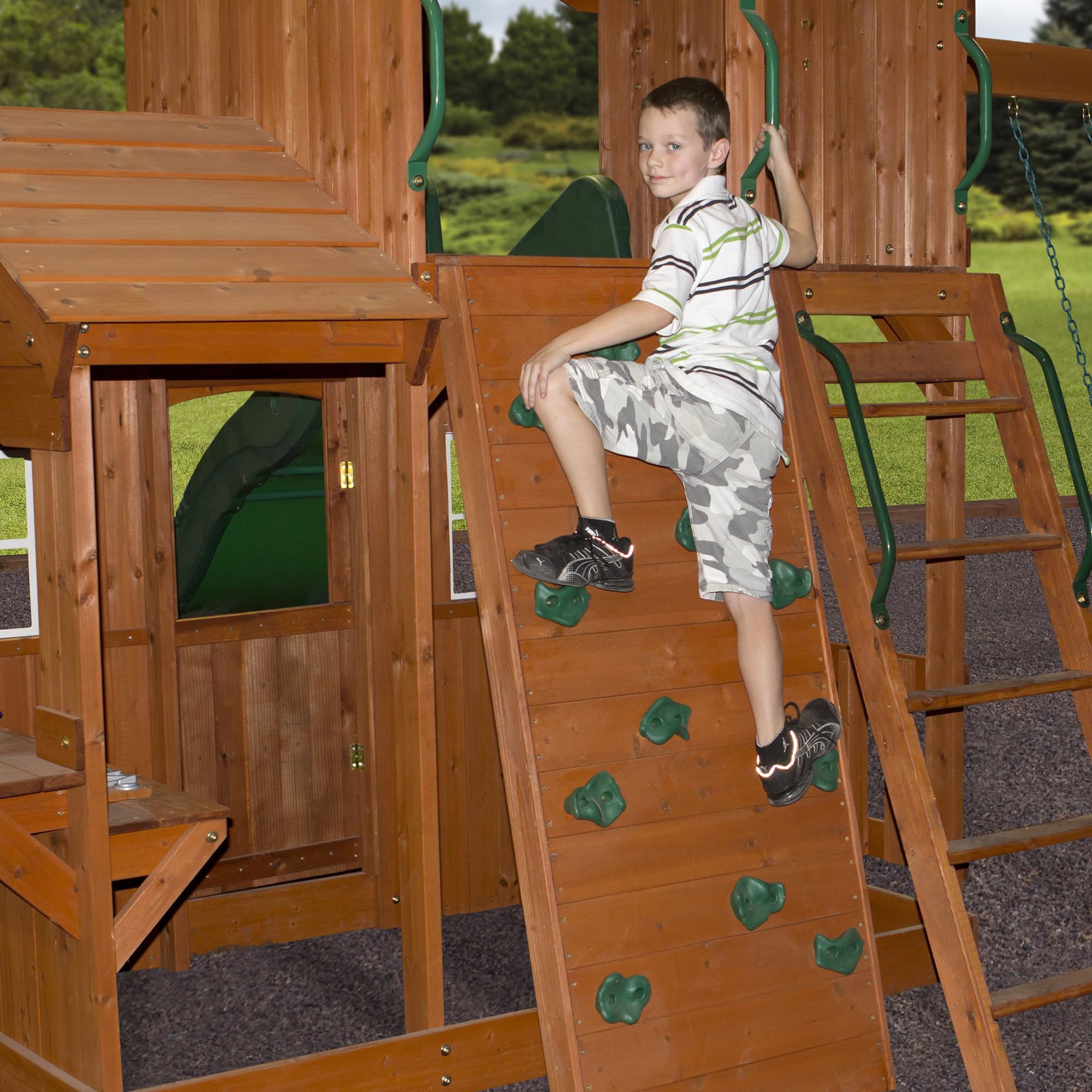 Backyard Discovery Shenandoah Cedar Wood Swing Set with Wave Slide, Raised Clubhouse, Playhouse, Play Kitchen, Belt Swings, Trapeze, Rock Wall, Ladder, Picnic Table, Full Door, Outdoor Playset