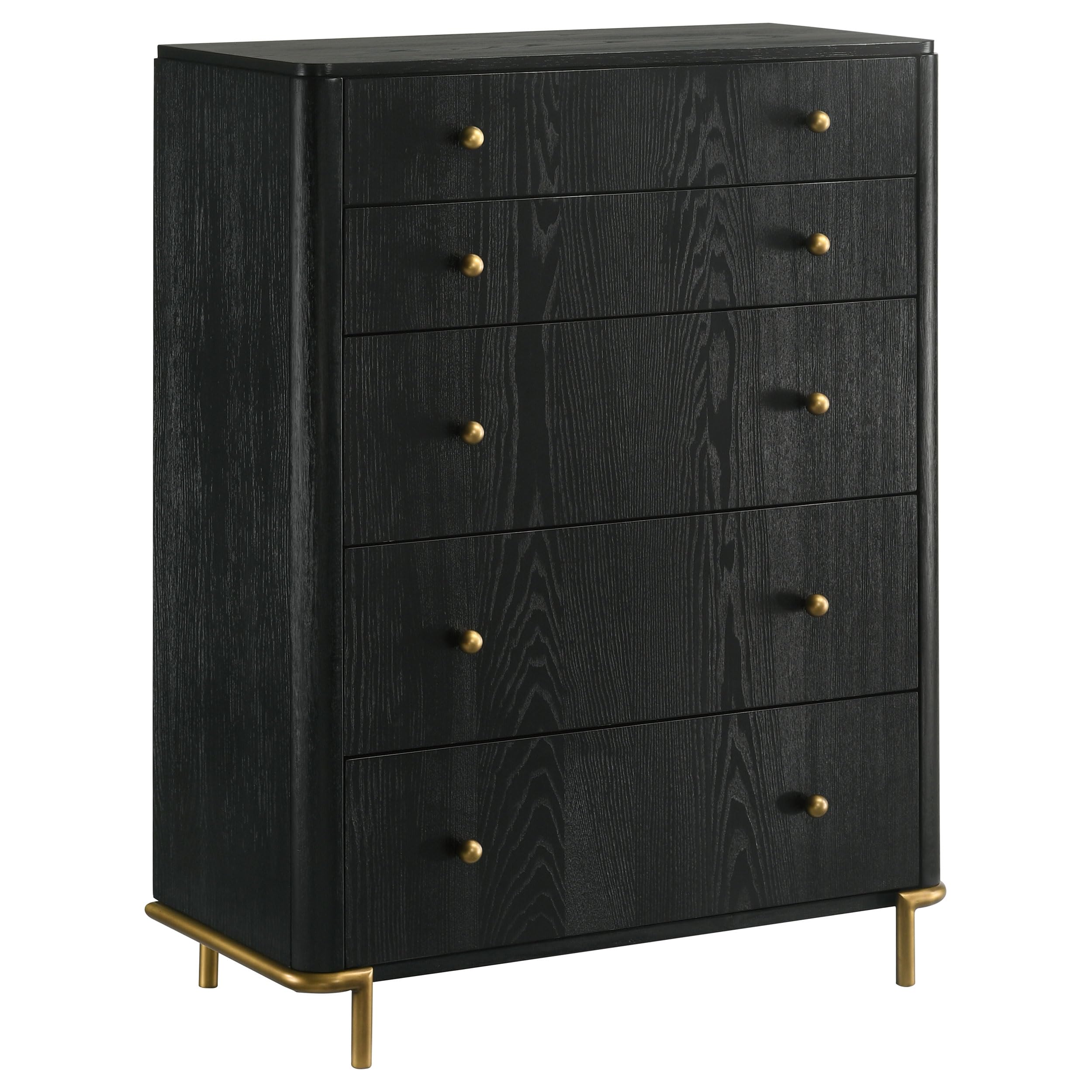 Coaster Home Furnishings - Arini - Wood - 5-Drawer Chest with Rounded Corners, Gold Knobs, Hidden Drawer and Wire-Brushed Finish - Coastal - Bedroom - Black - 224335