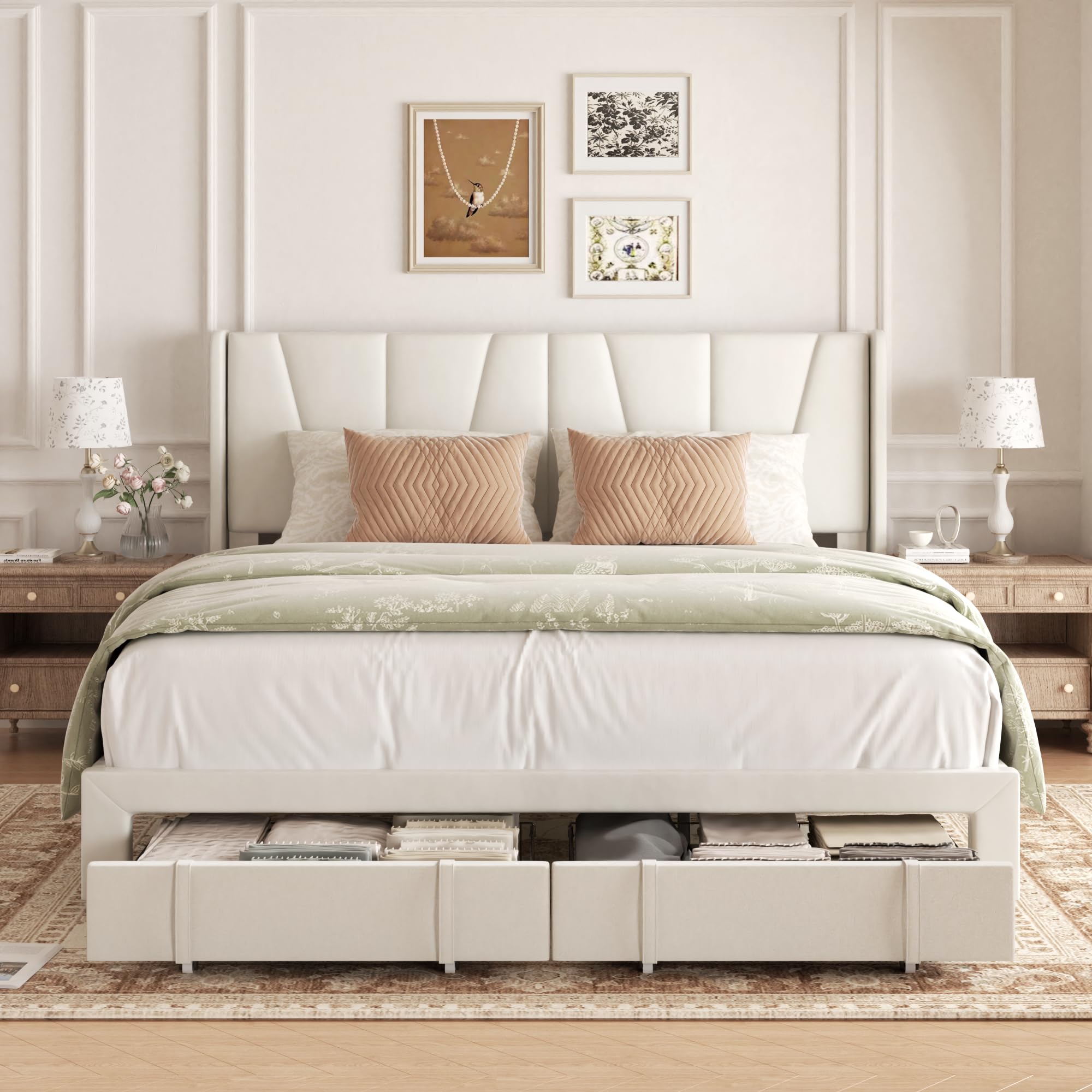 viplov King Bed Frame with Storage Drawers, Velvet Upholstered Platform Bed with 47" Tall Headboard and Wingboard, No Box Spring Needed, No Noise, Easy Assembly, Wooden Support Slats, Beige
