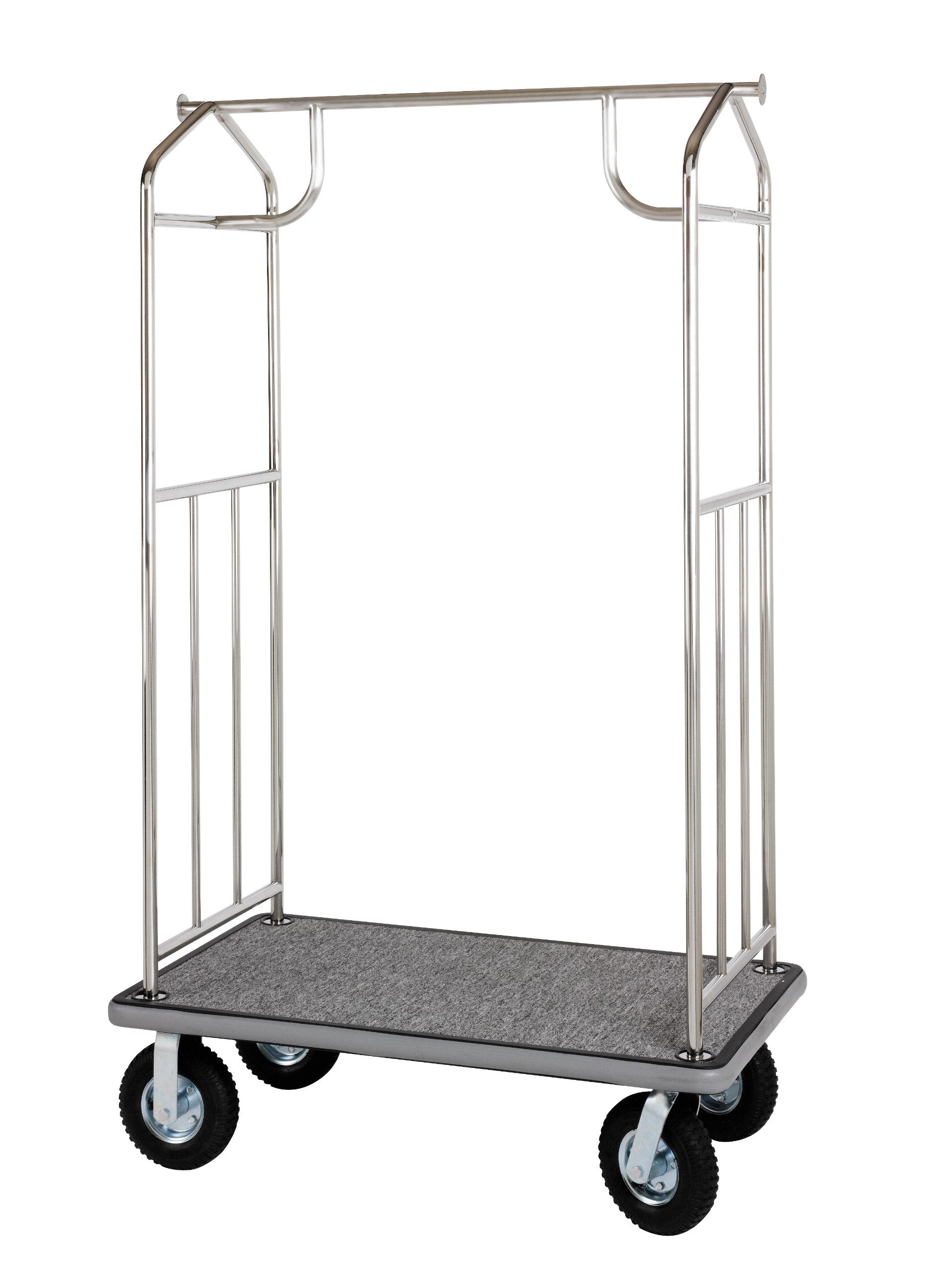 Wholesale Hotel Products Stainless Steel Luggage Cart – 800lb Capacity – Bellman Cart w/ 6” Air Filled Tires & Gray Carpet, for Hotel, Resorts, Condos, Commercial Use (Value Valet Series)
