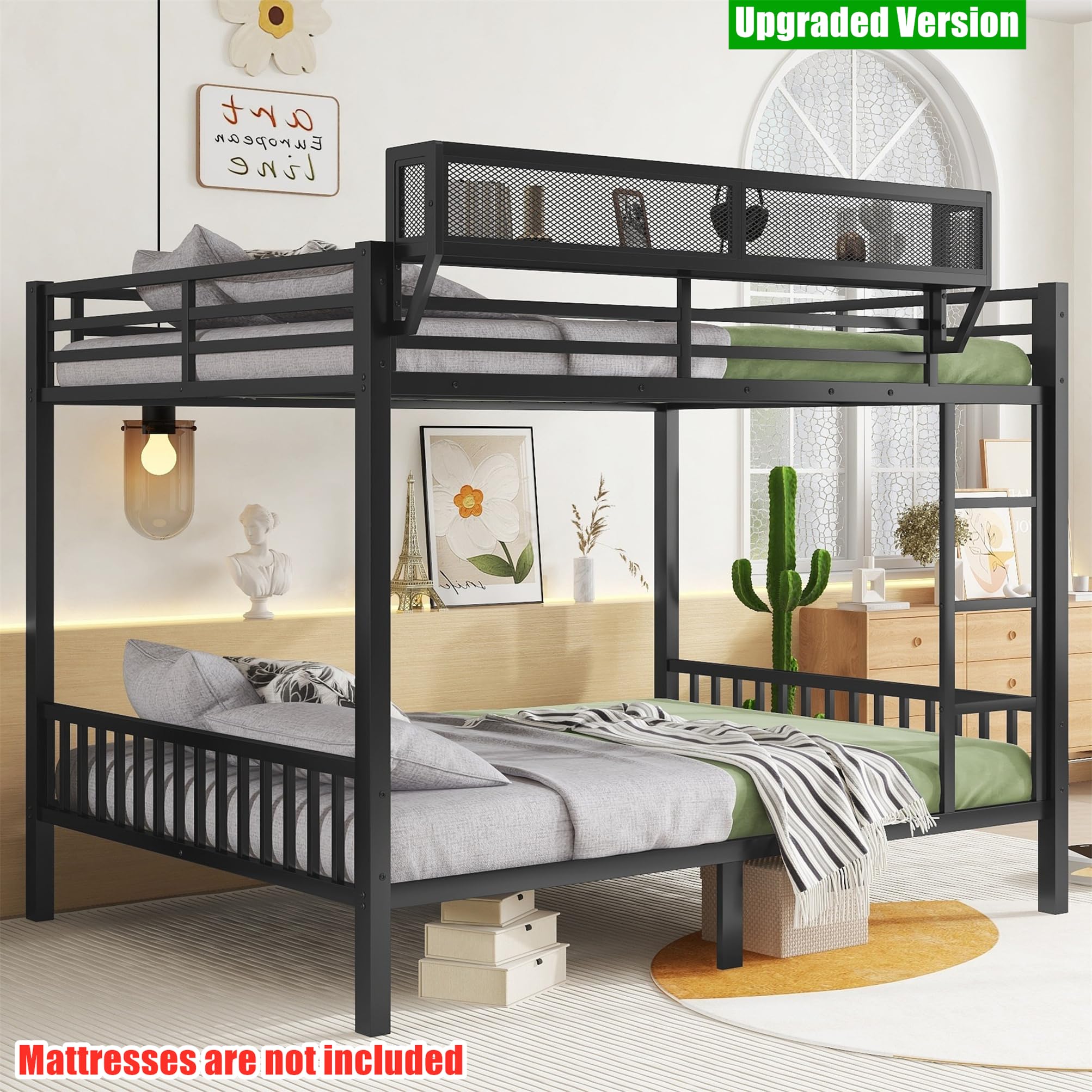 QLUSAN Upgraded & Stronger Heavy Duty Metal Bunk Bed Queen Over Queen Size, Safer Thickened More Stable Bunkbed Bunk Bed Frame (Easier to Assemble) (Queen Over Queen-A)