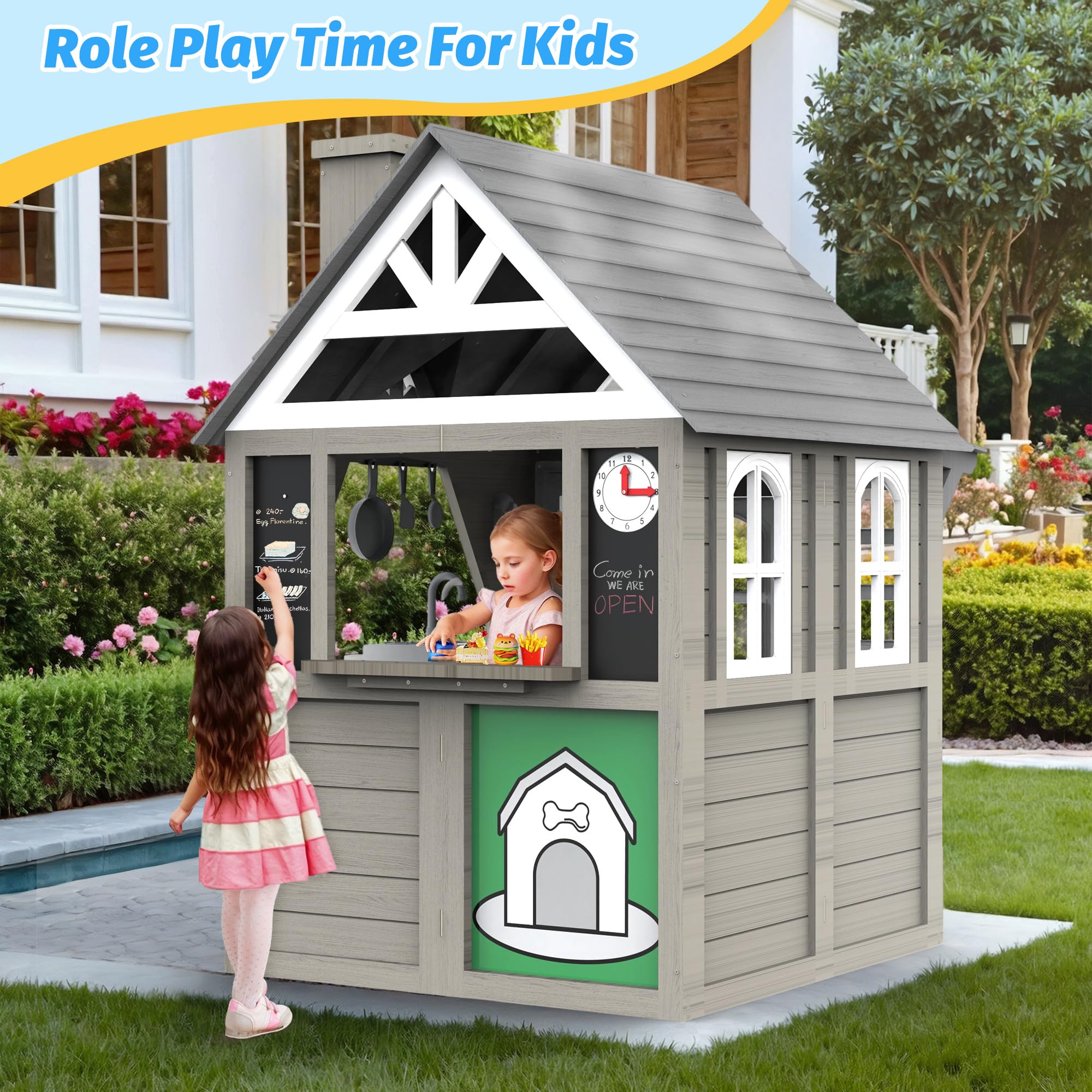 BTMWAY Kids Outdoor Playhouse,Cedar Gray Wooden Play House for Kids Ages 3-8, with Play Kitchen, Interactive Doorbell, Toy Phone, Sink, Flowerpot