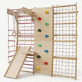 ActiveTrail Multi-Functional Swedish Ladder Wall Gym, 79'' Wooden Wall-Mounted Climbing Set with Slide, Swing, Rope, Rings, Monkey Bars, Indoor Playset for Kids and Adults
