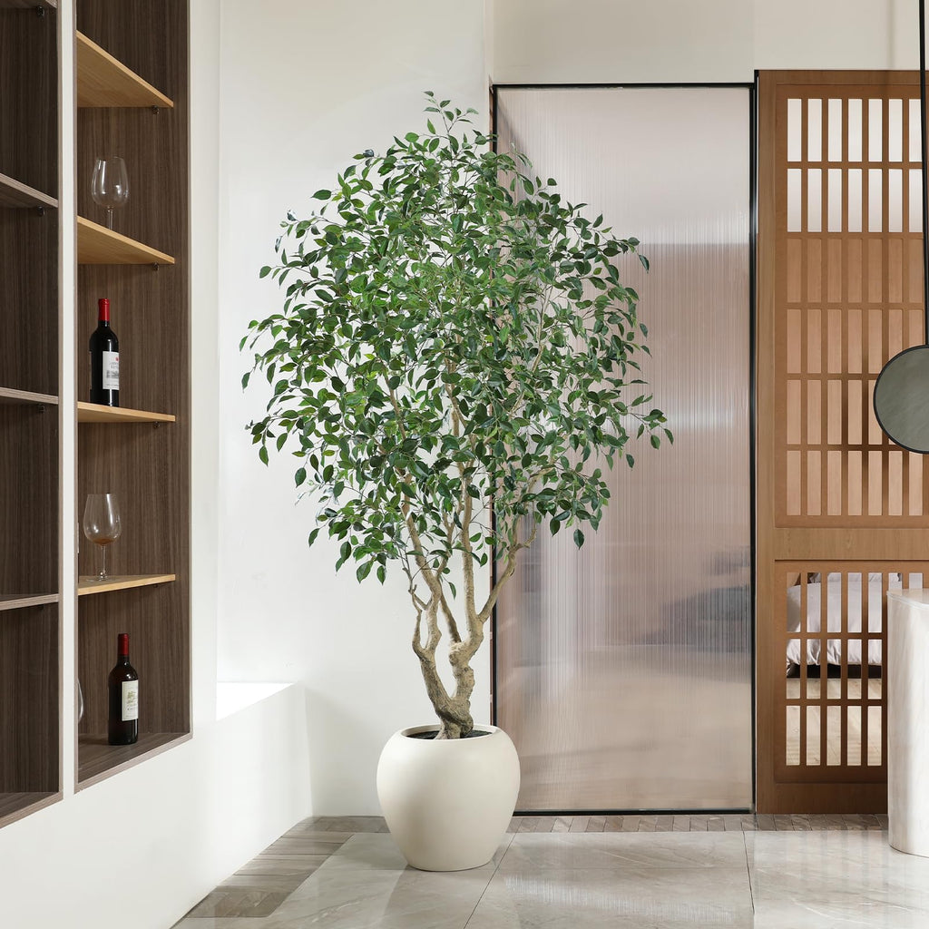 SOGUYI Ficus Tree Artificial Indoor, 8 Feet Tall Faux Ficus Tree with Round Artisan Planter, Premium Handmade, Realistic Trunk & Lifelike Leaves, Perfect for Large Spaces & Elegant Home/Office Decor