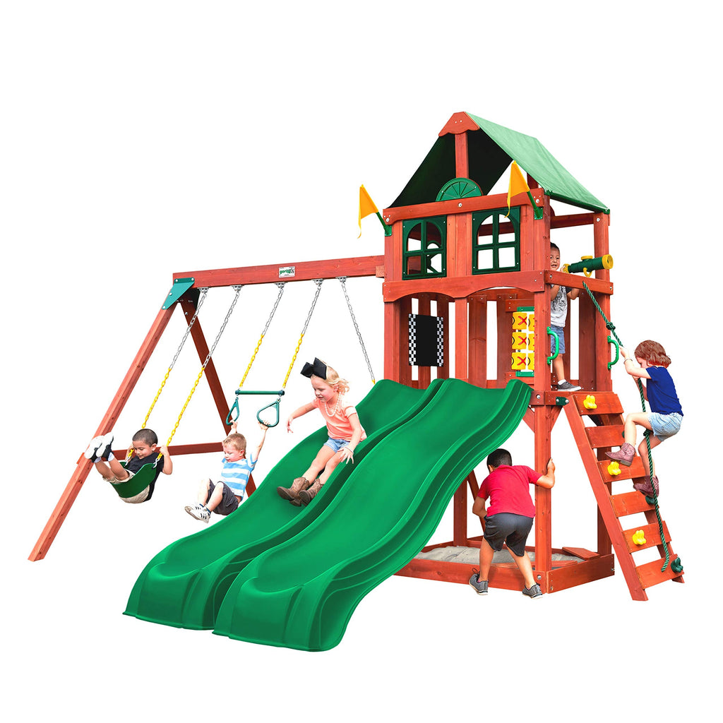 Gorilla Playsets 01-1057 Playmaker Deluxe Wooden Swing Set with Vinyl Canopy Roof, Dual Wave Slides, and Rock Climbing Wall, Redwood Stained Cedar