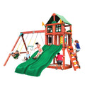 Gorilla Playsets 01-1057 Playmaker Deluxe Wooden Swing Set with Vinyl Canopy Roof, Dual Wave Slides, and Rock Climbing Wall, Redwood Stained Cedar