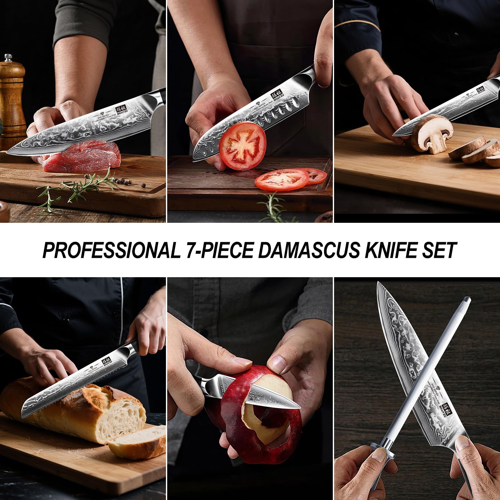 SHAN ZU Damascus Kitchen Knife Set, 7-Piece Professional Knife Sets for Chefs, Japanese Super Steel Damascus Kitchen Knife Set With G10 Handle Knife Block Set