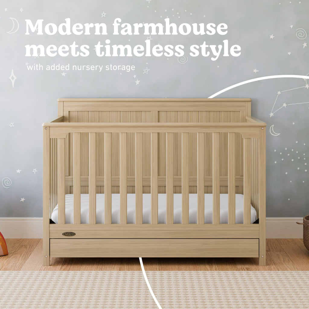 Graco Hadley 5-in-1 Convertible Crib with Drawer – GREENGUARD Gold Certified, Fits Standard Crib Mattress, Converts to Toddler Bed, Daybed and Full Bed, 4 Adjustable Mattress Heights (Driftwood)